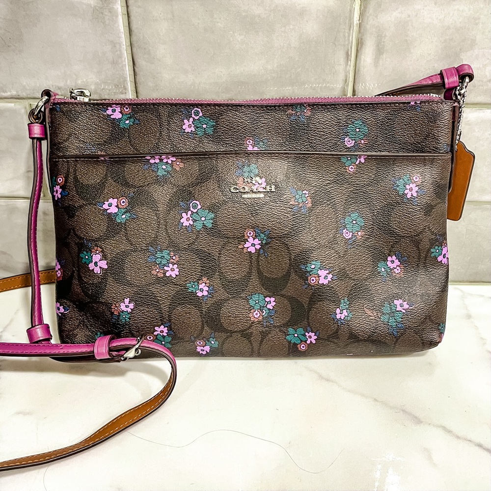 Coach Floral Leather Crossbody Bag - Brown/Purple